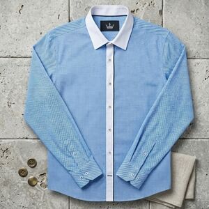 VITO XL Blue Microcheck Winchester Banker Shirt White Contrast Collar Placket